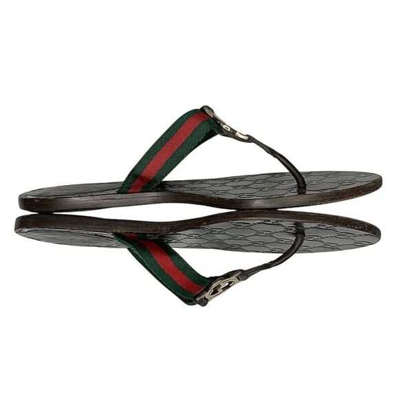 Gucci GG Web Stripe Thong Sandals EU 38.5 US 8.5 Brown Flip Flop Slide Flat Heel - Picture 4 of 13